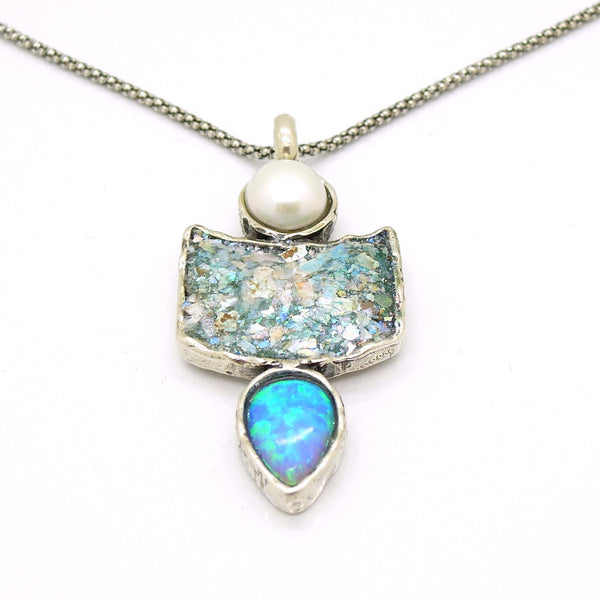 Silver necklace with a pearl, roman glass and drop opal