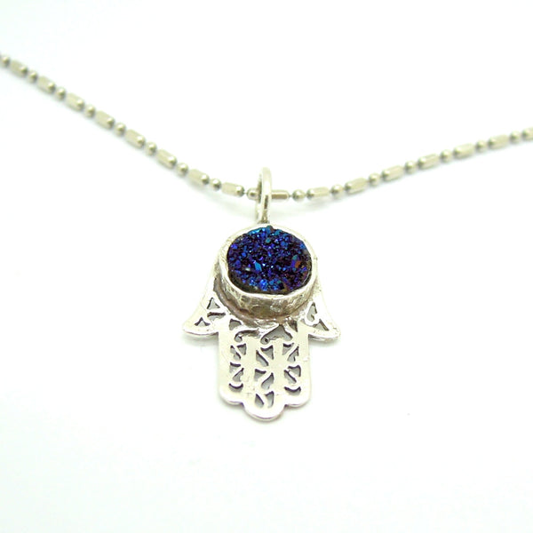 Filigree silver Hamsa hand pendant with a blue druzy agate