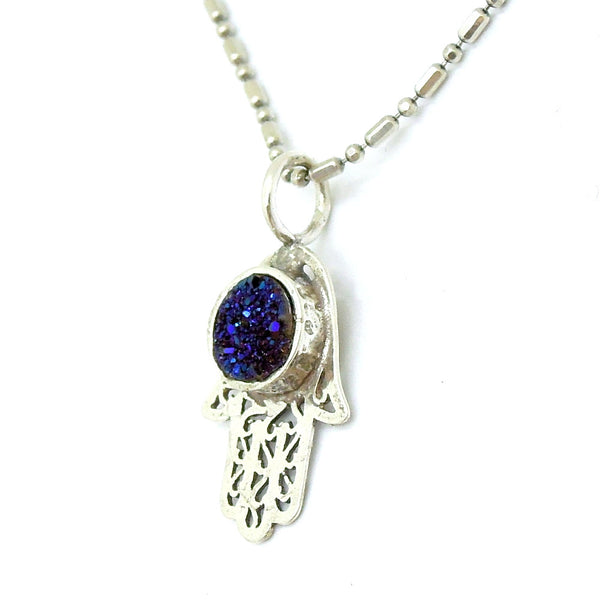 Filigree silver Hamsa hand pendant with a blue druzy agate