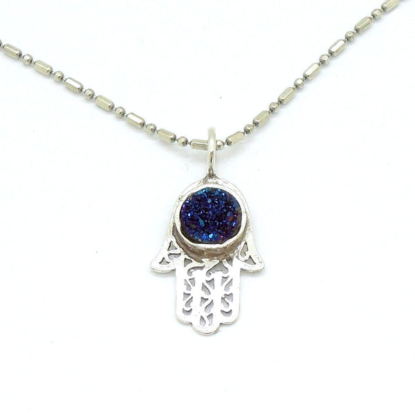 Filigree silver Hamsa hand pendant with a blue druzy agate