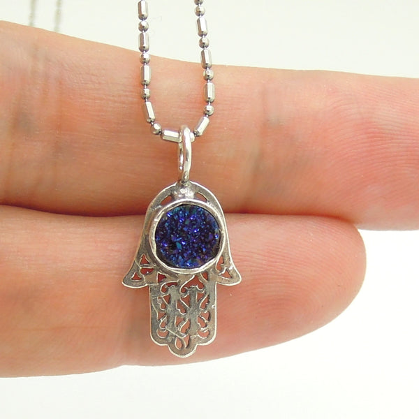 Filigree silver Hamsa hand pendant with a blue druzy agate
