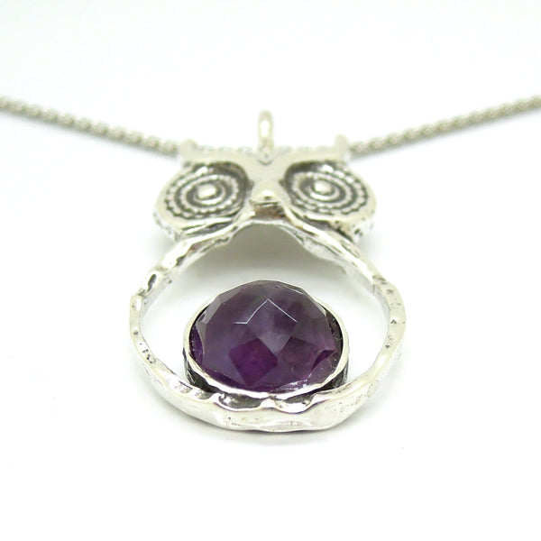 Owl shaped silver sterling pendant with amethyst