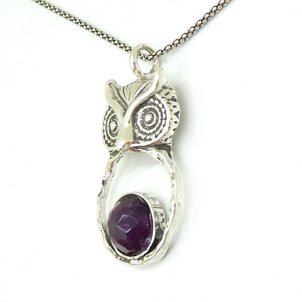 Owl shaped silver sterling pendant with amethyst