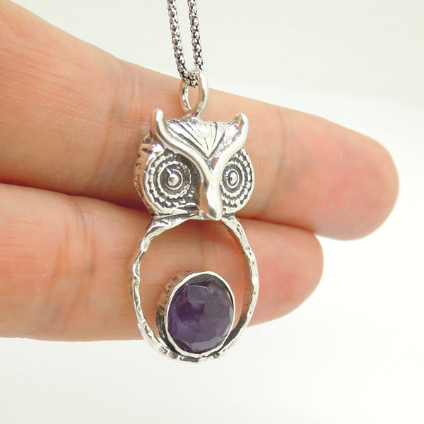 Owl shaped silver sterling pendant with amethyst