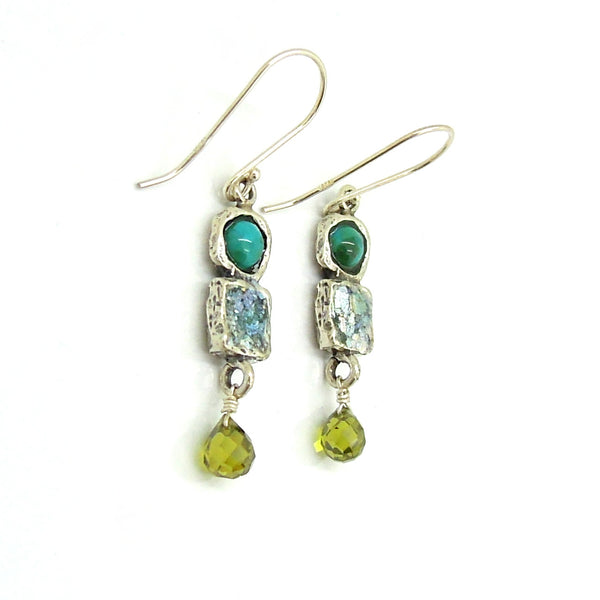Turquoise and peridot earrings with roman glass chandelier