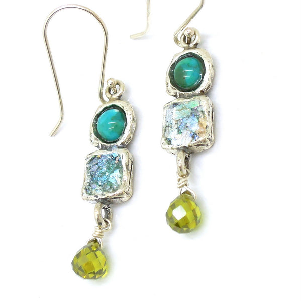 Turquoise and peridot earrings with roman glass chandelier
