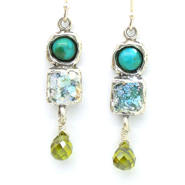 Turquoise and peridot earrings with roman glass chandelier