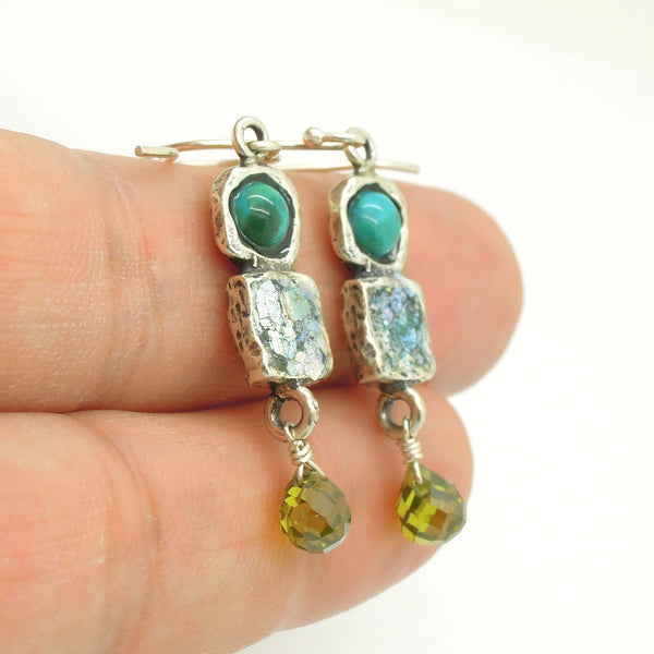 Turquoise and peridot earrings with roman glass chandelier