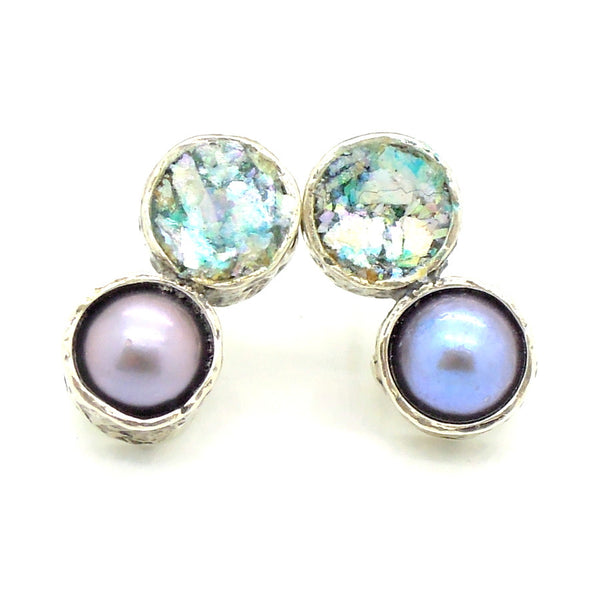 Grey pearl and roman glass stud earrings