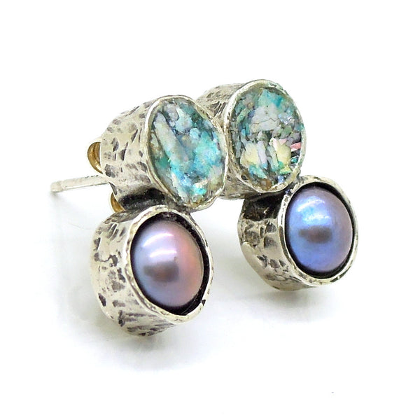 Grey pearl and roman glass stud earrings