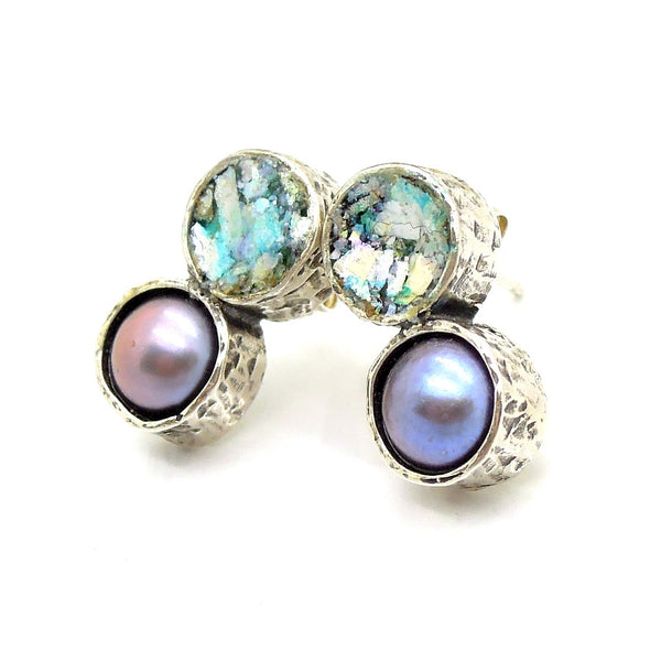 Grey pearl and roman glass stud earrings