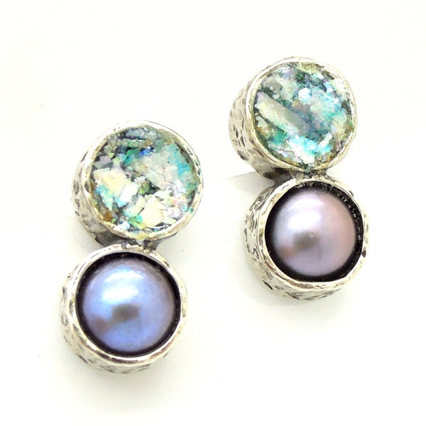 Grey pearl and roman glass stud earrings