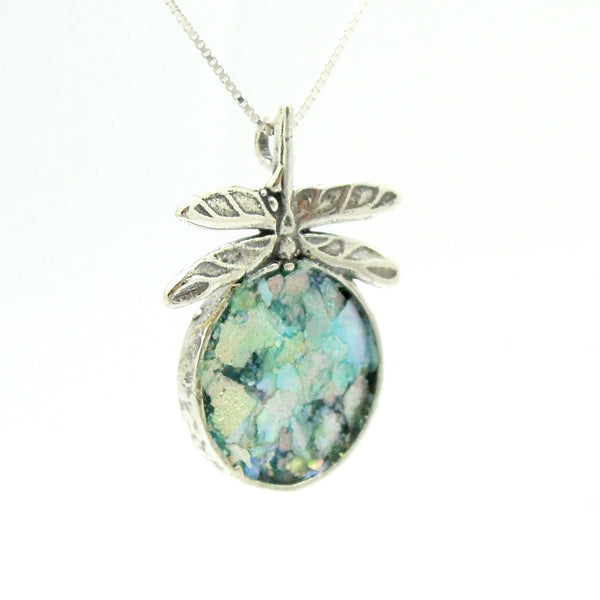 Dragonfly sterling silver necklace with roman glass
