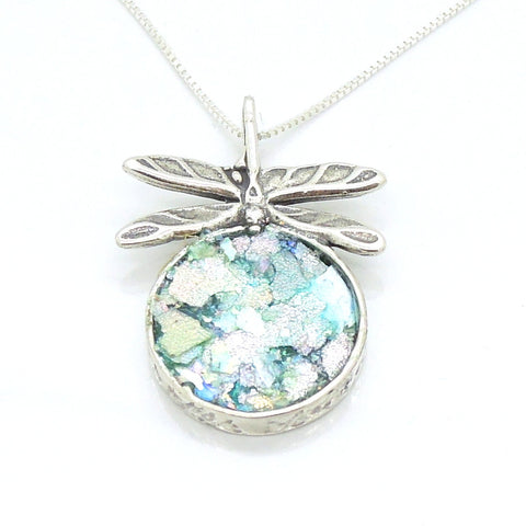 Dragonfly sterling silver necklace with roman glass