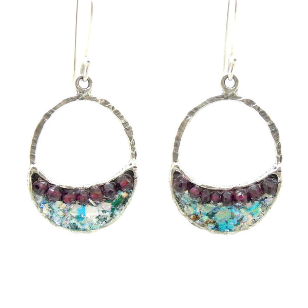 Sterling silver earrings with roman glass & garnet beads