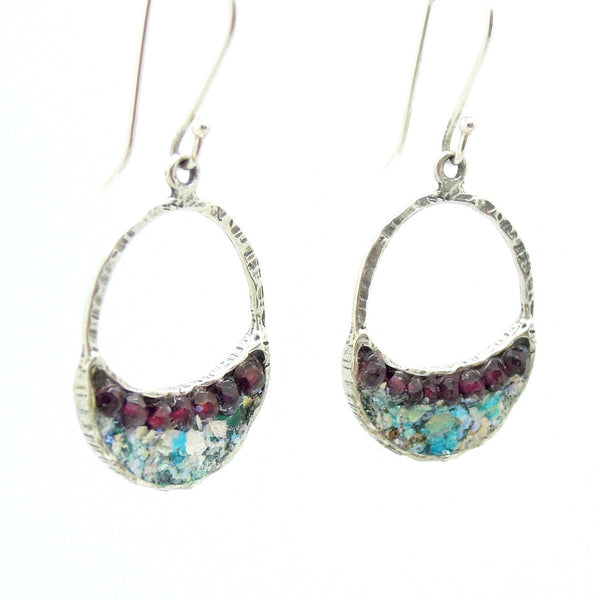 Sterling silver earrings with roman glass & garnet beads