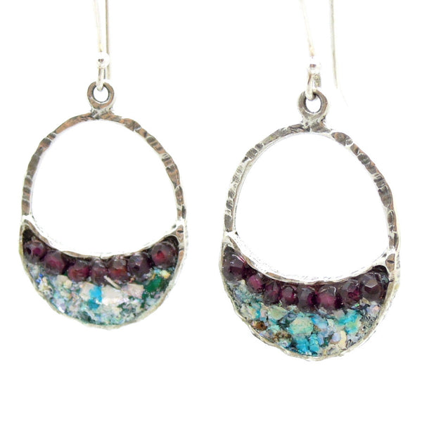 Sterling silver earrings with roman glass & garnet beads