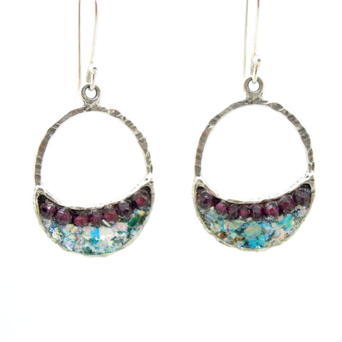 Sterling silver earrings with roman glass & garnet beads