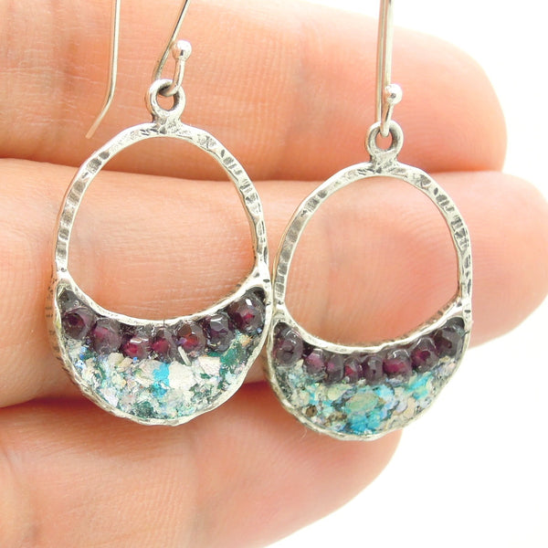 Sterling silver earrings with roman glass & garnet beads