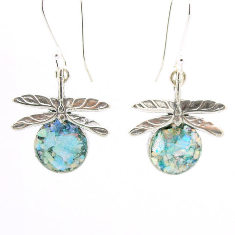 Dragonfly sterling silver earrings with roman glass