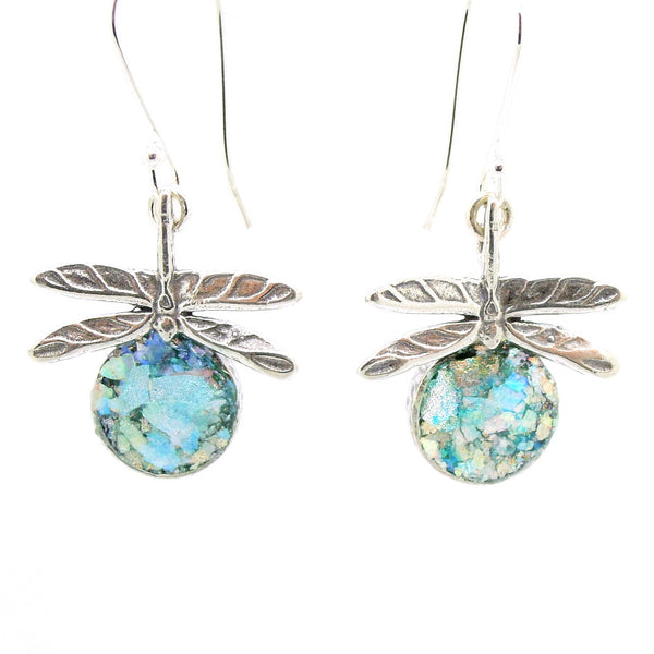 Dragonfly sterling silver earrings with roman glass