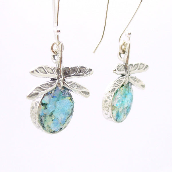 Dragonfly sterling silver earrings with roman glass