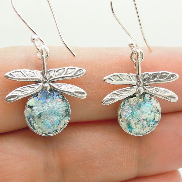 Dragonfly sterling silver earrings with roman glass