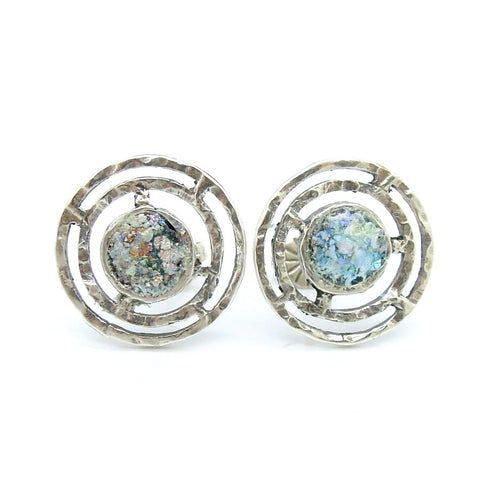 Hammered silver round post studd earrings with roman glass