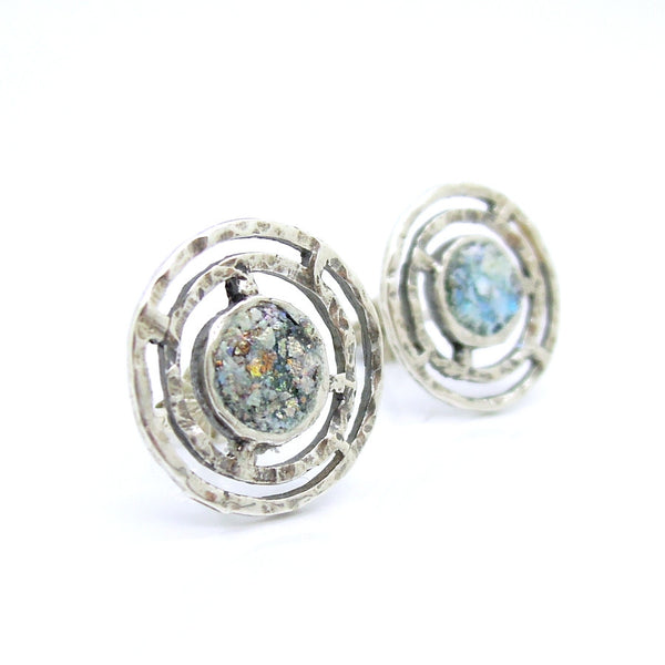 Hammered silver round post studd earrings with roman glass