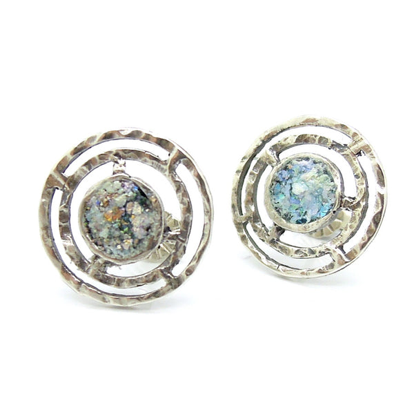 Hammered silver round post studd earrings with roman glass