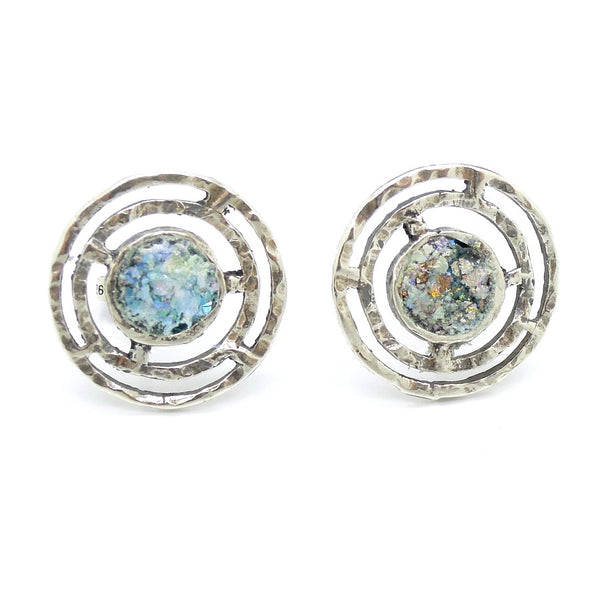 Hammered silver round post studd earrings with roman glass