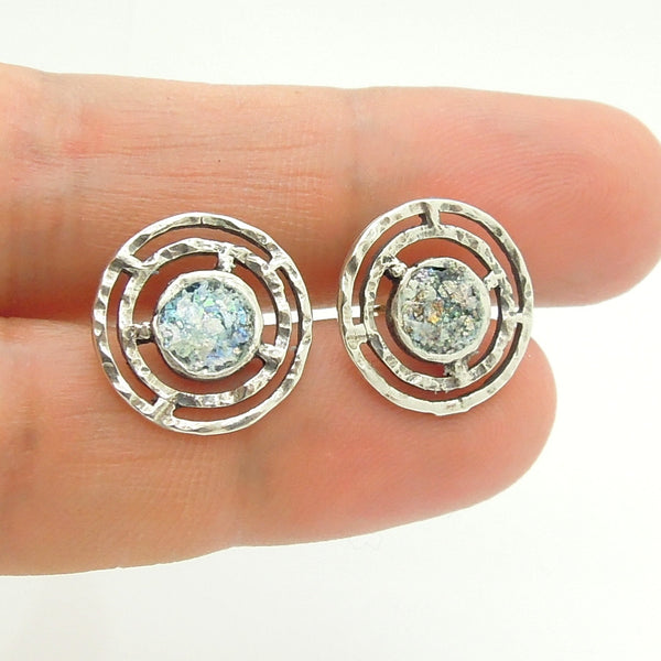 Hammered silver round post studd earrings with roman glass