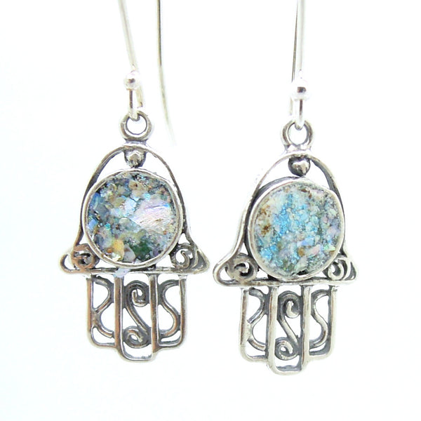Filigree sterling silver hamsa earrings with roman glass