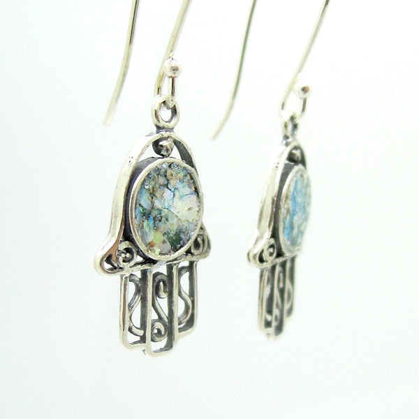 Filigree sterling silver hamsa earrings with roman glass