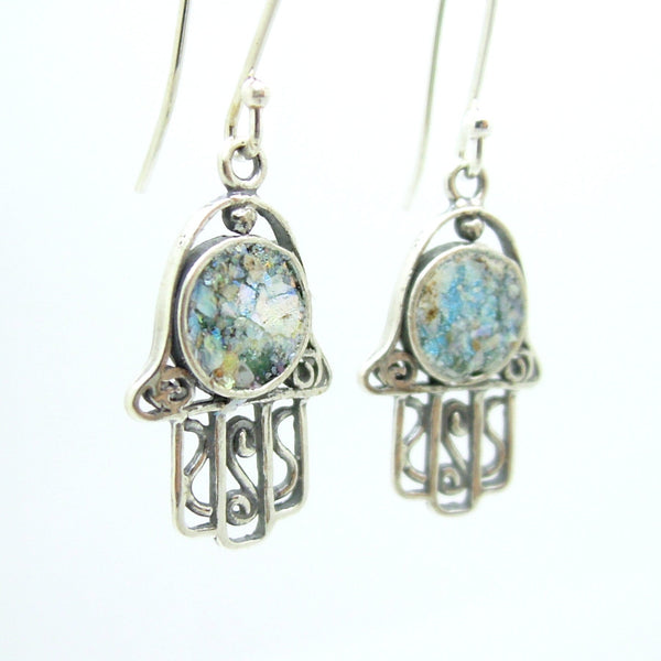 Filigree sterling silver hamsa earrings with roman glass