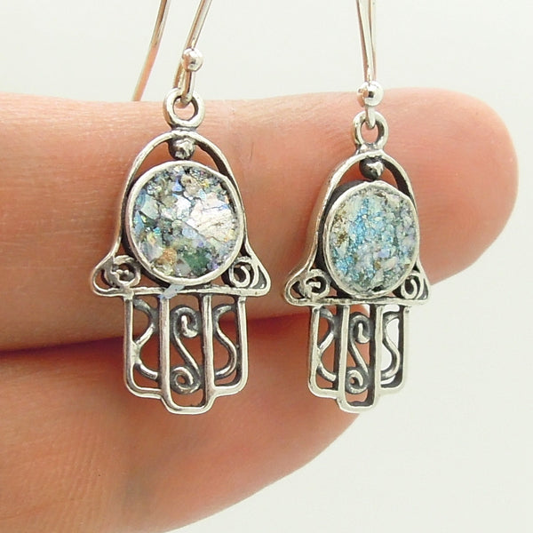 Filigree sterling silver hamsa earrings with roman glass