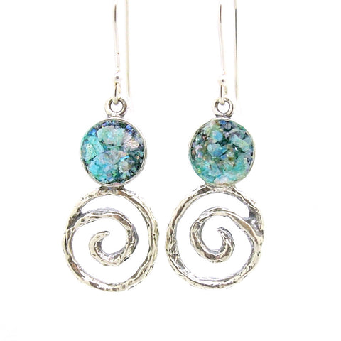 SIlver & Roman glass earrings with a swirl at the bottom