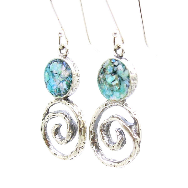 SIlver & Roman glass earrings with a swirl at the bottom