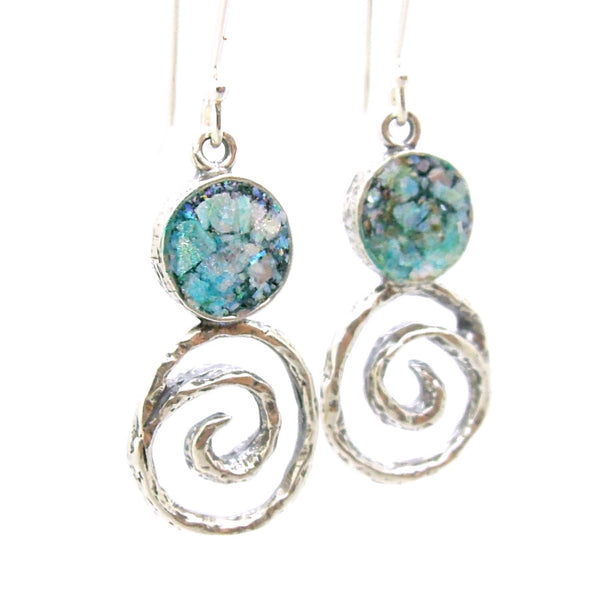 SIlver & Roman glass earrings with a swirl at the bottom