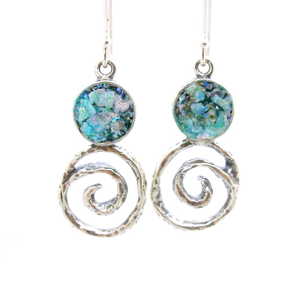 SIlver & Roman glass earrings with a swirl at the bottom