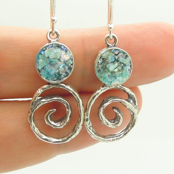 SIlver & Roman glass earrings with a swirl at the bottom