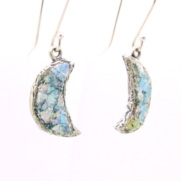 Moon Earrings hammered silver with roman glass