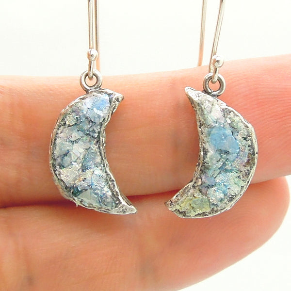 Moon Earrings hammered silver with roman glass