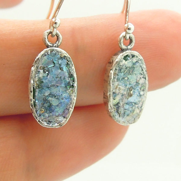 Oval sterling silver earrings with roman glass