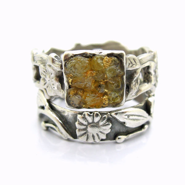 Flower wedding band, oxidized silver, matching set ring