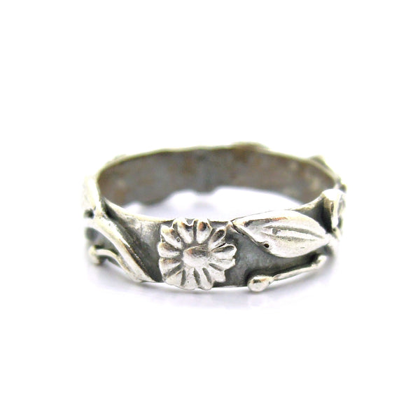 Flower wedding band, oxidized silver, matching set ring