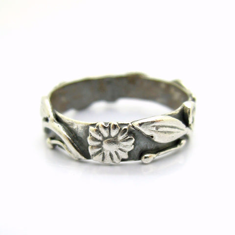 Flower wedding band, oxidized silver, matching set ring