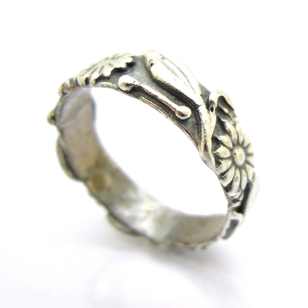Flower wedding band, oxidized silver, matching set ring