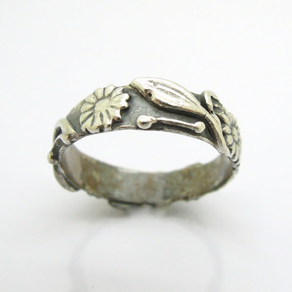 Flower wedding band, oxidized silver, matching set ring
