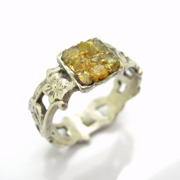 Raw diamond engagement ring, 24K gold base, silver flower ring, unique design